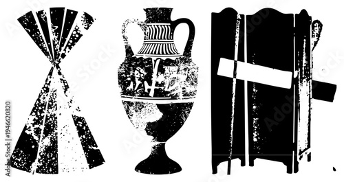 Stylized black and white vector of a Greek amphora, teepee, and folding screen, featuring halftone texture and glyph design for graphic use.