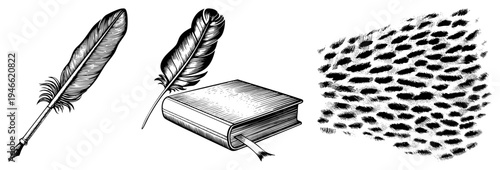 Hand drawn quill pen, antique book with ribbon, ink splatter, inkwell art, literary symbols, writers tools, illustration.