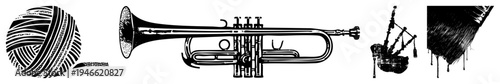 Trumpet and bagpipe with intricate work, yarn skein with striped texture, artistic brushstroke drips all rendered as isolated vector with flat black and white style.