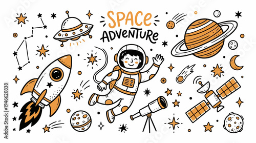 Cute Astronaut in Space with Rocket, UFO, and Telescope – Cartoon Doodle Space Illustration