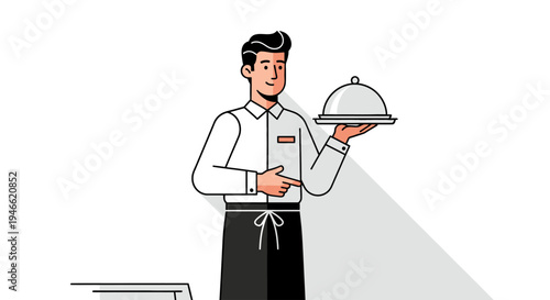 Waiter Serving Food with Covered Tray.
