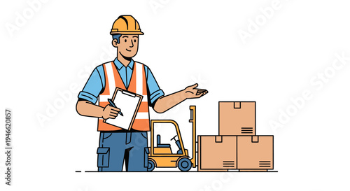 Warehouse Worker Checking Inventory with Forklift.