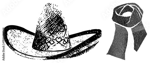 Traditional Mexican sombrero with heart motif, paired with halftone, vintage vector art, cultural fashion accessories.