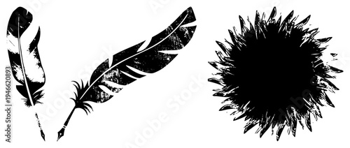 Classic writing tools with textured feathers and ink blot, calligraphy instruments, historical pens, literary symbols, design.