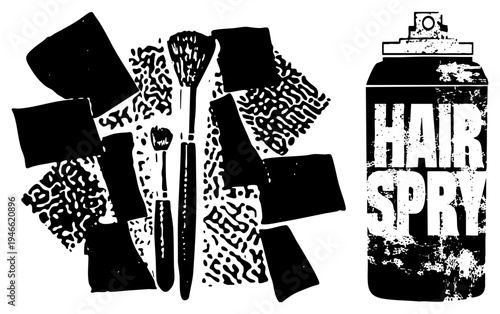 Classic hair styling brushes, mousse bottles, and hair spray can in gritty black and white, vintage beauty kit, retro barber tools, cosmetic set, hairdressing equipment.