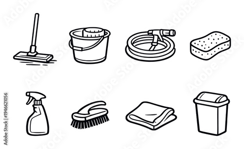 Cleaning tools including hose brush and waste bin on gray
