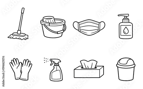 Cleaning and hygiene supplies arranged with mask and tissues on gray