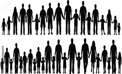 Silhouettes of diverse families standing together, adults and children holding hands in unity, representing love, togetherness, and strong family bonds