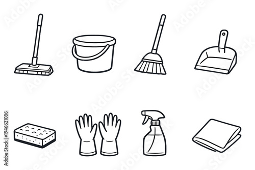 Cleaning tools arranged in grid on dark gray background