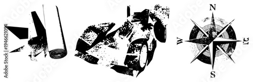 Distressed black vector of compass rose and rolled paper with splatter texture, isolated design elements for branding or navigation themes.