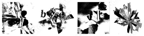Geometric with halftone textures, fragmented graphic design, vector art pieces, digital abstraction, bold black and white compositions, isolated shapes, stylized forms.