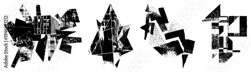 Black and white vector art composed of shattered polygonal with halftone grain, abstract composition, fragmented geometry, digital glitch aesthetic, graphic design element.