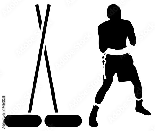 Black vector of hockey player standing ready, sticks, puck on ice, sport graphic, athletic stance, winter sport.