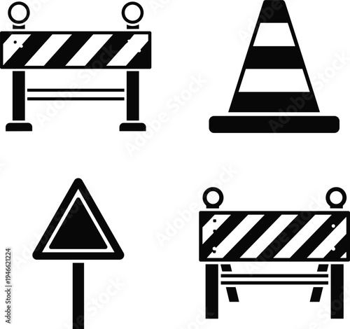 Construction site silhouettes set featuring heavy excavator machinery, tower cranes building high rise apartments, and professional builders performing various industrial development tasks.