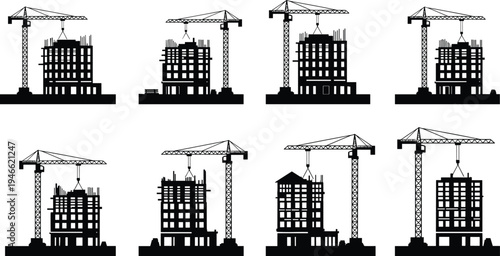 Construction site silhouettes set featuring tower cranes building high rise apartments, urban development project with heavy lifting machinery and industrial architectural structures.