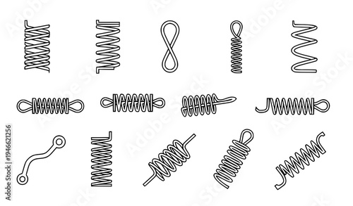 Mechanical spring outline icons editable stroke coil and suspension vector set