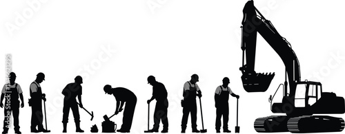 Construction site worker silhouettes set featuring heavy excavator machinery, builders with shovels, manual laborers using hammers, and professional industrial site development team.
