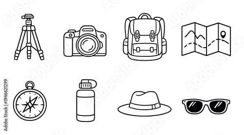 Travel equipment icons arranged on neutral gray background