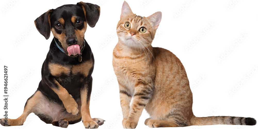 Obraz premium Cute Dog and Cat Sitting Together Isolated on Transparent Background