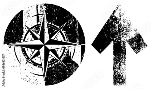 Weathered black and white compass rose and upward arrow, distressed graphic elements, navigation, directional markers, vintage map symbols, vector design.