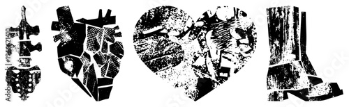 Stylized heart and boot shapes with distressed texture, fragmented vector design, graphic art, urban aesthetic, bold composition.