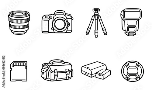 Photography equipment icons arranged on dark gradient background