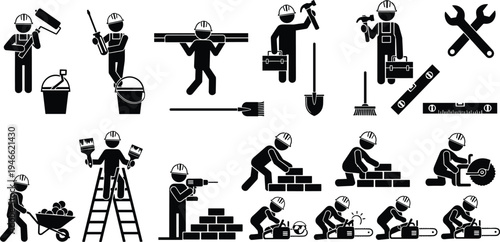 Construction and handyman icons set featuring professional builders with paint rollers, wrenches, saws, hammers, drilling tools, masonry work, and industrial site maintenance.