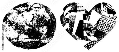 Black and white halftone forming heart and globe shapes, graphic design elements, stylized vector art, texture based visuals, pop art influence.