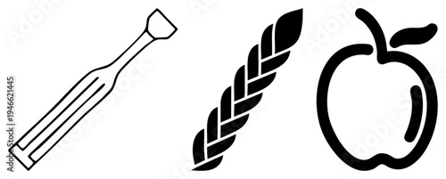 Minimalist symbols tuning fork for music, wheat sheaf for agriculture, for health or education, all rendered in clean vector.