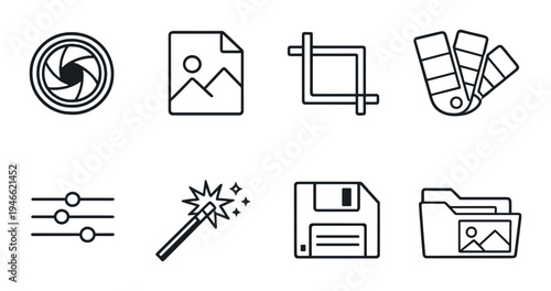 Editing and color icons arranged on dark gradient background