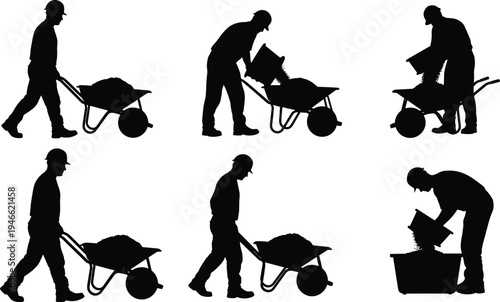 Construction worker silhouettes set featuring professional builders pushing wheelbarrows, pouring materials from buckets, and industrial site laborers performing manual work tasks.