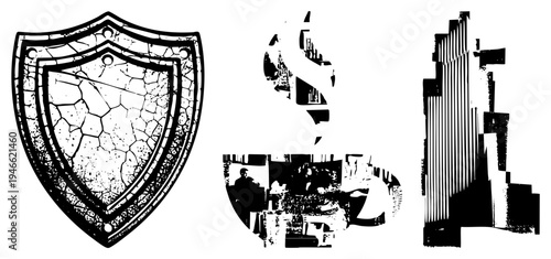 Vector featuring a weathered shield, coffee, and urban skyscraper, rendered in high contrast grunge style. Ideal for security, café, or city themes.