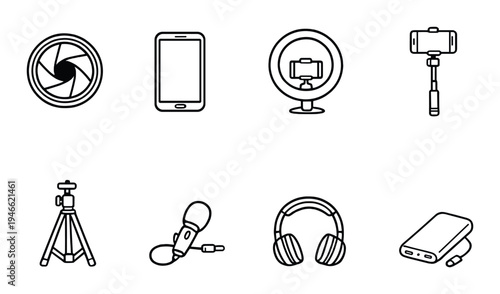 Mobile and audio gear icons arranged on dark gradient background