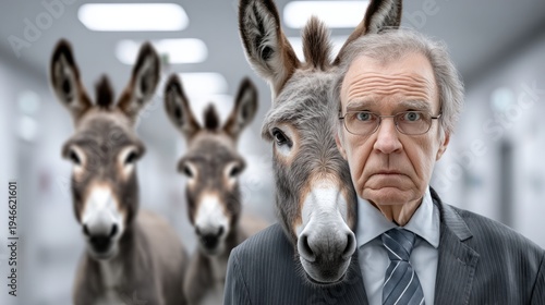 In a modern office, a businessman looks confused among curious donkeys, mixing seriousness with absurdity