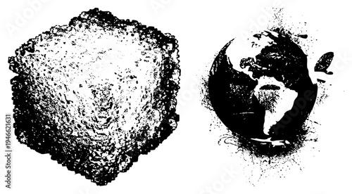 Black and white halftone graphic of planet Earth and textured sphere, stylized planet, globe art, vector illustration, abstract shapes, design.