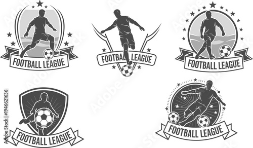 Football league logo set featuring soccer player silhouettes with balls, star emblems, champion ribbons, and athletic shield designs for sports tournament branding.