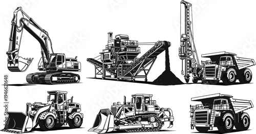 Heavy machinery collection featuring excavator, bulldozer, wheel loader, dump truck, drilling rig, and crushing plant for mining and construction site industrial projects.