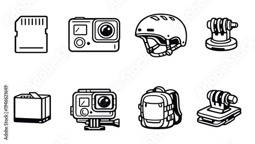 Action cam accessories arranged on dark metallic background