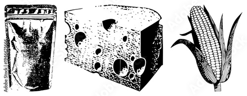 Classic food rendered in halftone style coffee bag, cheese block, corn on the cob. Retro graphic design,, food illustration, isolated elements.