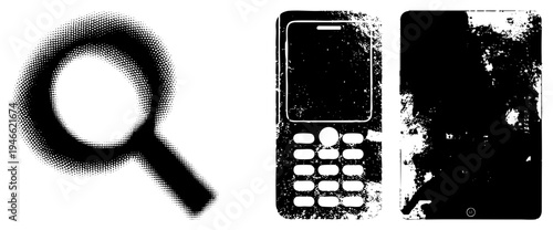 Retro magnifying glass and classic mobile phone rendered in halftone dots, vector graphic, isolated, search and communication symbols.