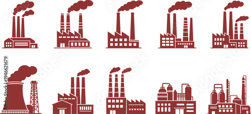 Industrial factory building icons set featuring smoke stacks, power plants, manufacturing facilities, chemical refineries, and energy production structures for global industrial business.