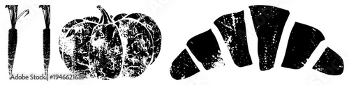 Vector graphic of autumn produce and pastry in black and white, distressed texture, isolated food, flat design, harvest theme, baking symbol, seasonal graphic.