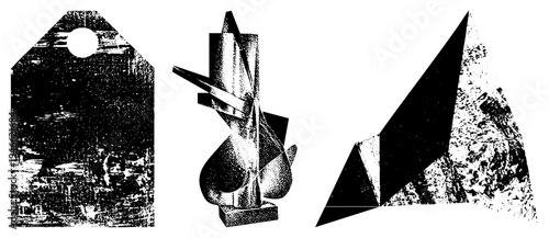 Three stylized abstract sculptures rendered in halftone vector style, featuring angular forms and textured shading, isolated on transparent background.