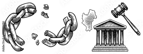 Shattered chain representing liberation, courthouse with gavel signifying justice, legal emancipation, law enforcement, constitutional rights.