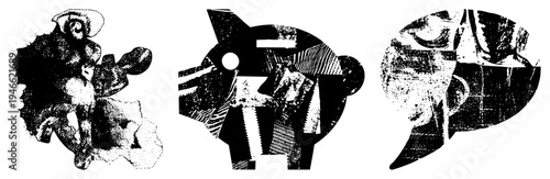 Stylized animal profiles broken into geometric, halftone textures, black and white vector art, cubist inspired design, graphic illustration.