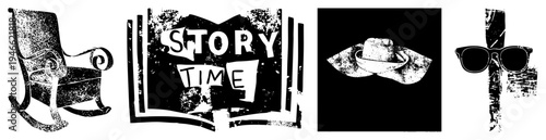 Rocking chair, open book with “Story Time,” cowboy hat, sunglasses all stylized with halftone grain, isolated vector for storytelling or retro branding.