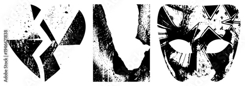 Stylized mask shapes with gritty texture, fragmented forms, graphic art, isolated vector elements, halftone effect, bold contrast, abstract expression.