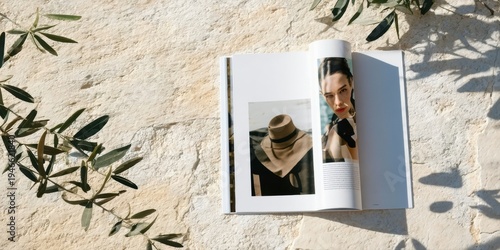 Open magazine rests upon textured wall. Sunlight casts shadows, foliage frames composition. Fashion photography dominates spread. Stylish presentation.