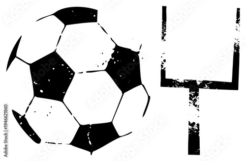 Black and white soccer ball with pentagonal and hexagonal panels, football goalpost silhouette, distressed texture, sports, athletic, vector graphic.