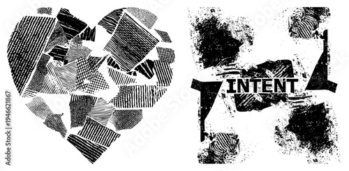 Broken heart motif with halftone textures, abstract collage, graphic design, typographic art, distressed visual, emotional symbolism, black and white vector.